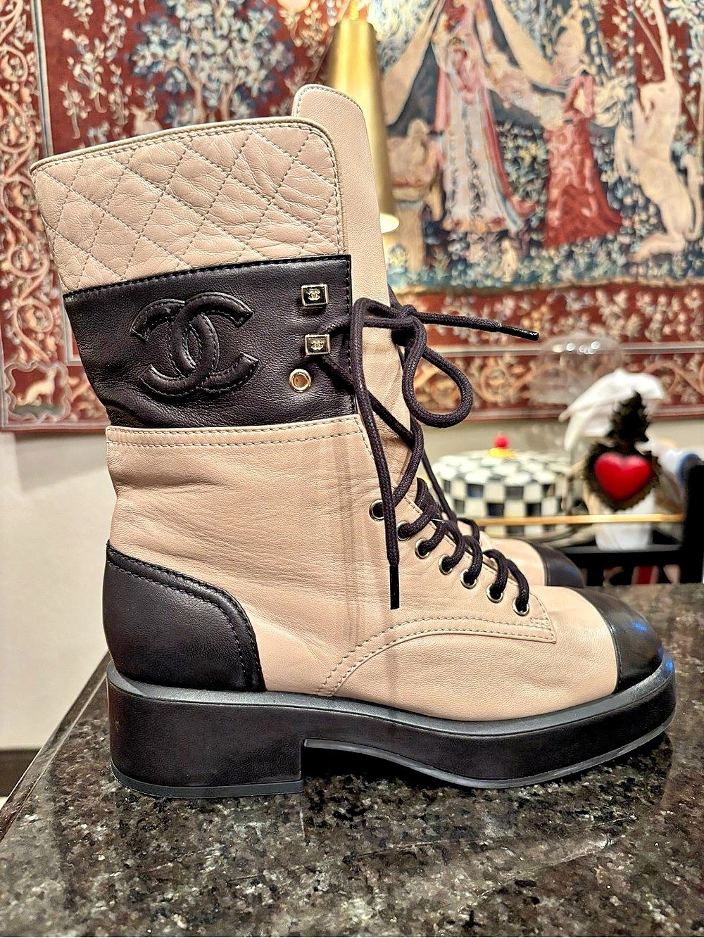 RARE Authentic Chanel Quilted CC Logo Lace-Up Boots Beige & Black EU 37 - Picture 4 of 10